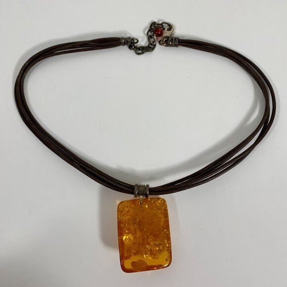 Amber Resin Pendant Necklace With Multi-Strand Brown Cord & Swirl Wire Accent - Picture 4 of 4